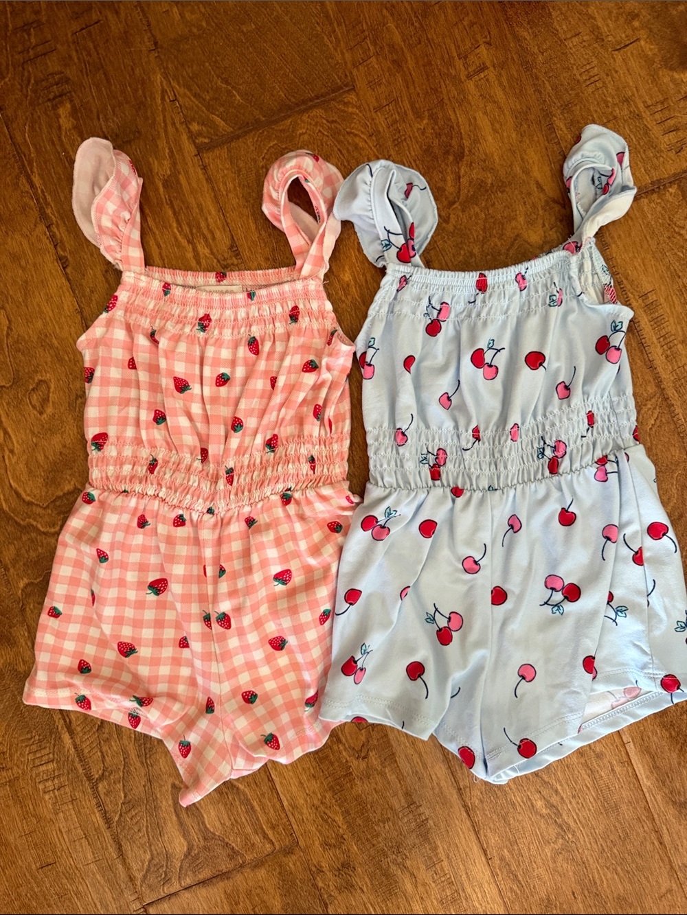 btween Pink Gingham Strawberry & Light Blue Cherry Romper Set
